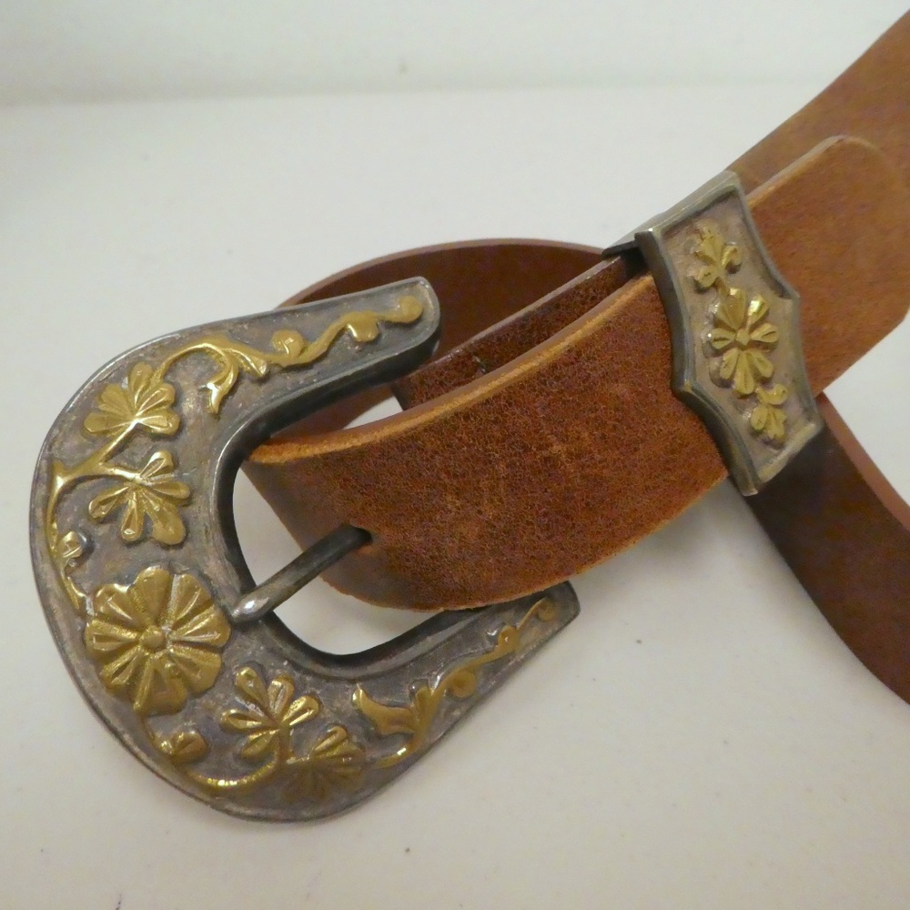 STREETS AHEAD WESTERN silver brass leather belt M